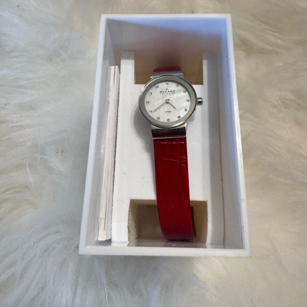 Women Skagen Freja Lille Two-Hand Red Leather Watch NWT